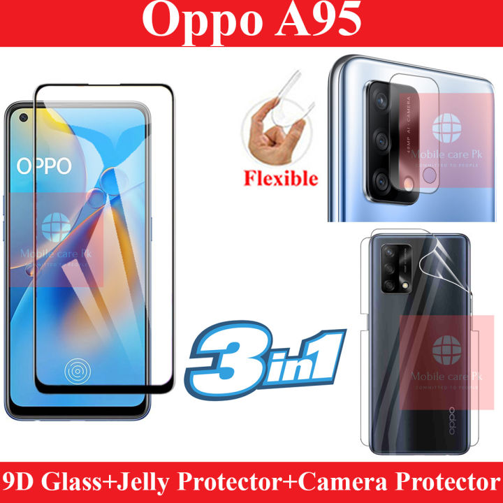 Oppo A95 Tempered Glass 9D Full Edge To Edge + Back Clear Jelly Protector Sheet Hydrogel Protector + Camera Protector Flexible Gorilla Protector 9H For Oppo A95