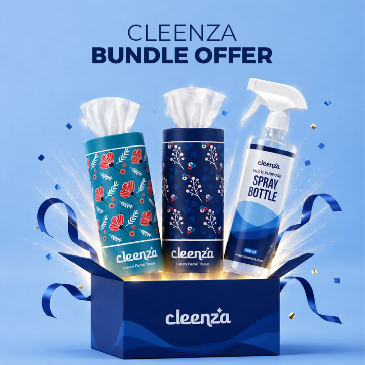 Cleenza Bundle Pack of 2 Luxury Facial Tissue + 500ml Premium Multi Purpose Spray Bottle