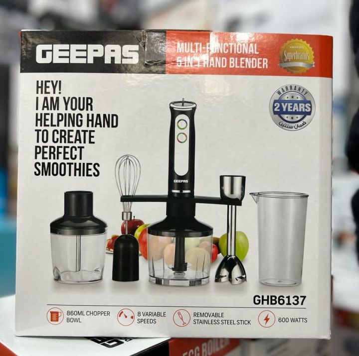 Geepas GHB6137 600W Hand Blender - 8 Variable Speeds, Indicator Lights, Stainless Steel Blade For Blending The Perfect Smoothies And Grinding Coffee