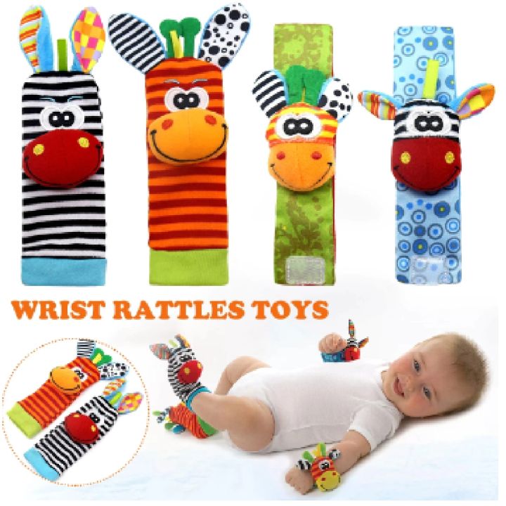 4 Pcs Baby Rattle Animal Socks Wrist Strap + Baby Socks Foot Finder Educational Hand bells Cute Giraffe Cartoon Baby Toy