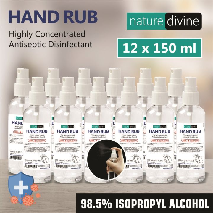 Pack of 12 x 150 ml Nature Divine Mist Spray Hand Rub 98.5% Isopropyl Alcohol, IPA Rubbing Alcohol and General Purpose Antiseptic Disinfectant