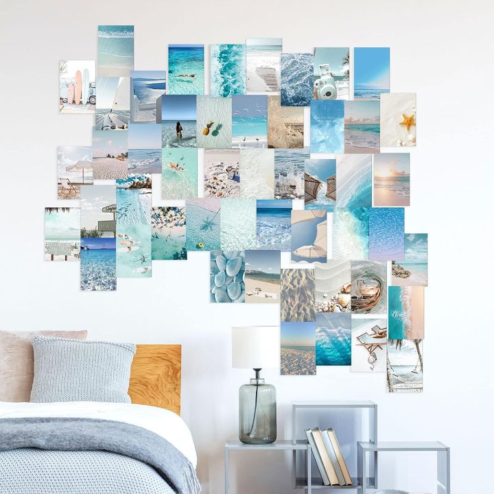 Beach Aesthatics Collage Print Kit 50pcs  Blue Wall Collage Kit Aesthetic Pictures for Bedroom Teen Girls Boys Teal Collage Kit Vacation Beach Posters for Holiday Dorm Room Decor | 4" x 6" (Set of 50)