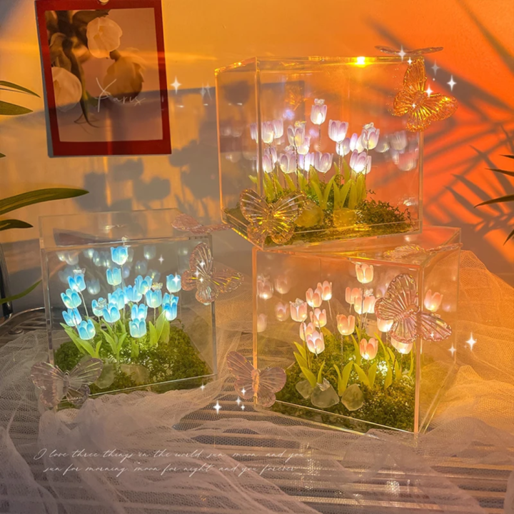Transparent Packaging Tulip Night Light Compact Size Versatile Decor Handcrafted Handmade LED Light DIY Kit LED-illuminated Flower Knows Box for Living Room  Creative Gift Home Atmosphere Night-