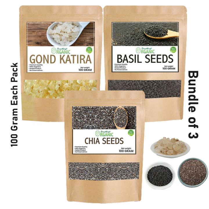 Pack of 3 Chia Seeds + Gond Katira + Basil Seeds – Natural Superfood Blend for Weight Loss, Digestion, Cooling & Skin Glow