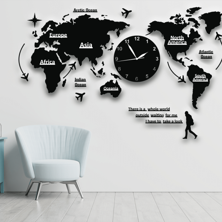 World Map Wall Clocks Modern Design 3D Digital Hanging Clock