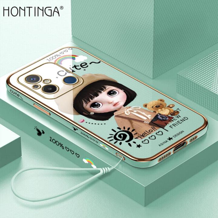 Hontinga for Redmi 12C Back Cover（Free Lanyard）Luxury 6D Plating Cartoon Satchel Girl Side Pattern Case Soft Silicone Square Mobile Cover