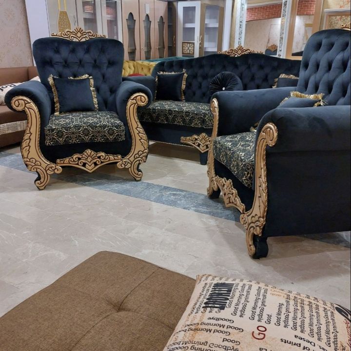 MF Furnishing & Co Tufted Royal 5 Seated Sofa Set 3+1+1 In Order Velvet Fabric + Printed Seats Tufted Back