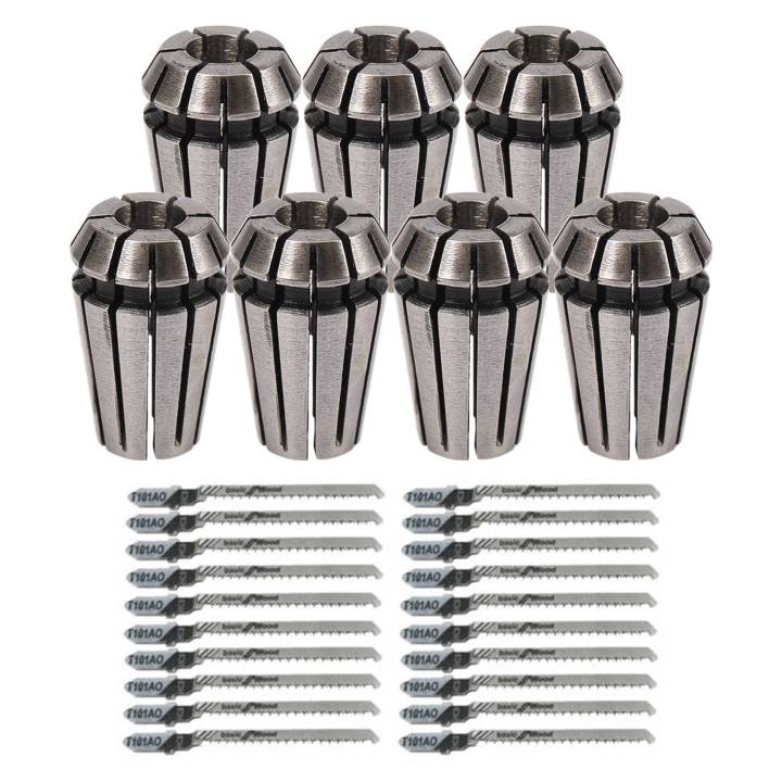QUANBU 7Pcs 1-7mm ER11 Collet Chuck Tool Bits Holder Spring Collet with 20Pcs Jigsaw Blade T101AO T-Shank Multi Jig Saw Blades