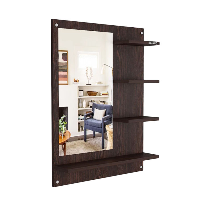 Wood Wall Mount Dressing Mirror with Shelf Engineered Wood Dressing Table for Bedroom/Dressing Mirror for Living Room/Mirror with 4 Shelves