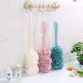 Decor Rack Bath Sponge with Handle, Shower Loofah Brush, Back Cleaning Scrubber, 8” Long Curved Handle, Exfoliate, Rejuvenate Skin, Body Bathing Sponge with Long Mesh Pouf. 
