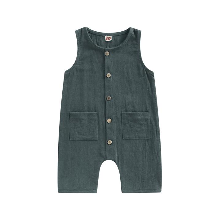 Baby Boy's Girl's Jumpsuit, Round Neck Sleeveless Button Down One Piece Romper for 0-3 Year-Old Toddler