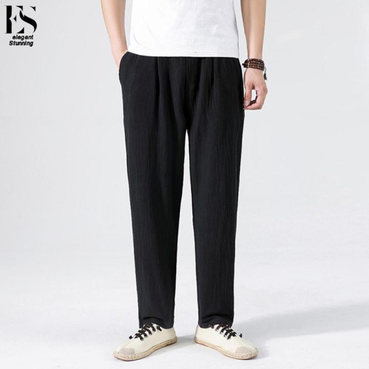 elegantstunning Men Linen Trousers Summer Loose Casual Pants Straight Large Size Breathable Long Pants