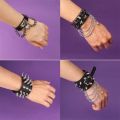 Spiked Studded Bracelet Black Leather Rivets Punk Bracelet Cuff Wrap Bangle Snap Button Metal Wristband for Men Women. 
