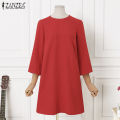 ZANZEA Women Formal Office Full Sleeve O-Neck Solid Dress Elegant Commute A-Line Dresses #11. 