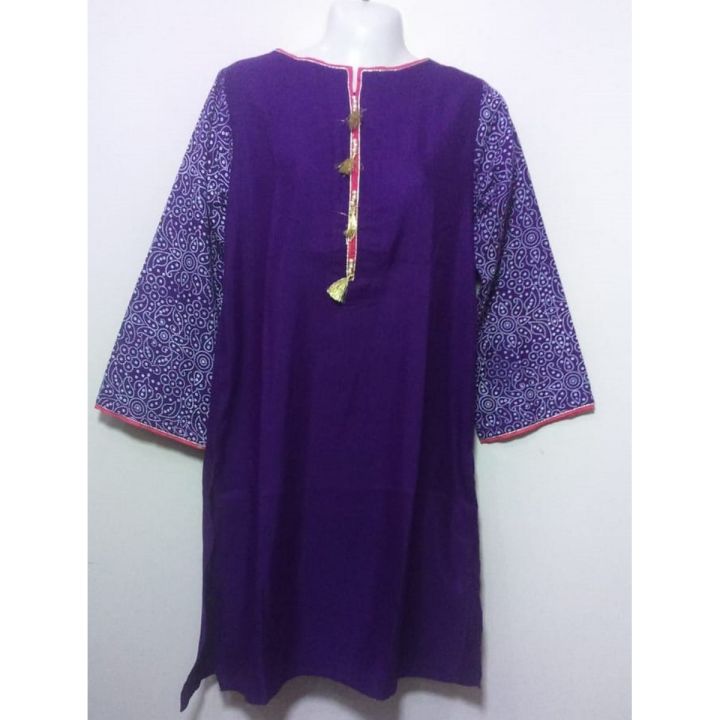 Plain Cotton Kurti With Printed Sleeves For Girls – Dark Purple