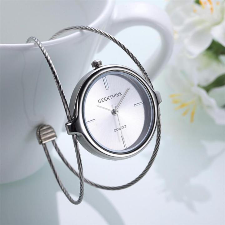 【BestGO】Geekthink Women Quartz Analog Watches Open Bangle Steel Strap Round Case Wristwatch - intl