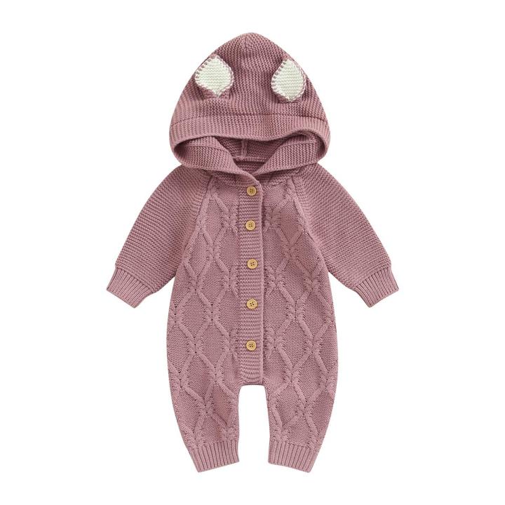 Baby Girls Knit Jumpsuit, Long Sleeve Rabbit Ears Hooded Button Closure Fall Romper for Toddlers