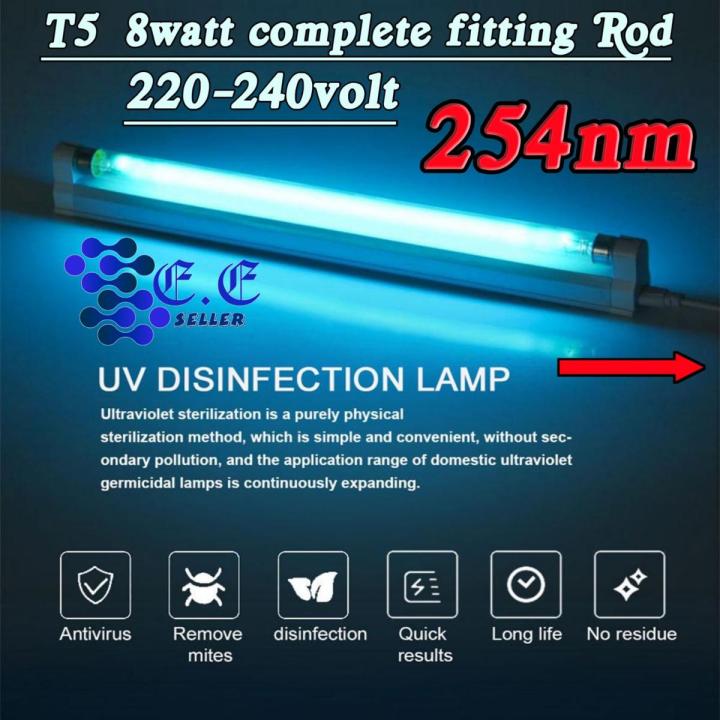 Ultraviolet light, UV light,  Germicidal tube. Complete fitting T5 8watt 254nm.  Floresent Ultra-violet Germicidal Light Lamp 220V for Hospitals & medical use.