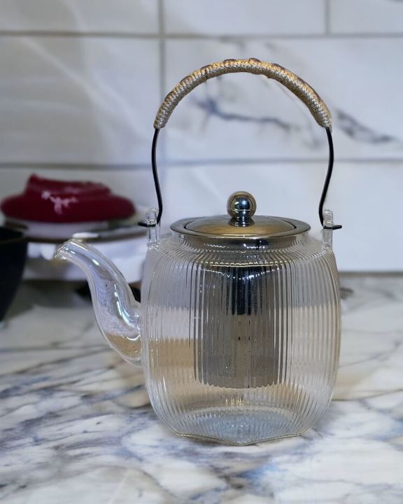 Glass Teapot with Heat Resistant Stainless Steel Infuser, Borosilicate Glass Teapot, Glass Tea Kettle | Classic Heat Resistant Glass Tea Pot with Removable Stainless Steel Lid and Strainer | Borosilicate Glass Tea Cup with Metal Handle 1000ml