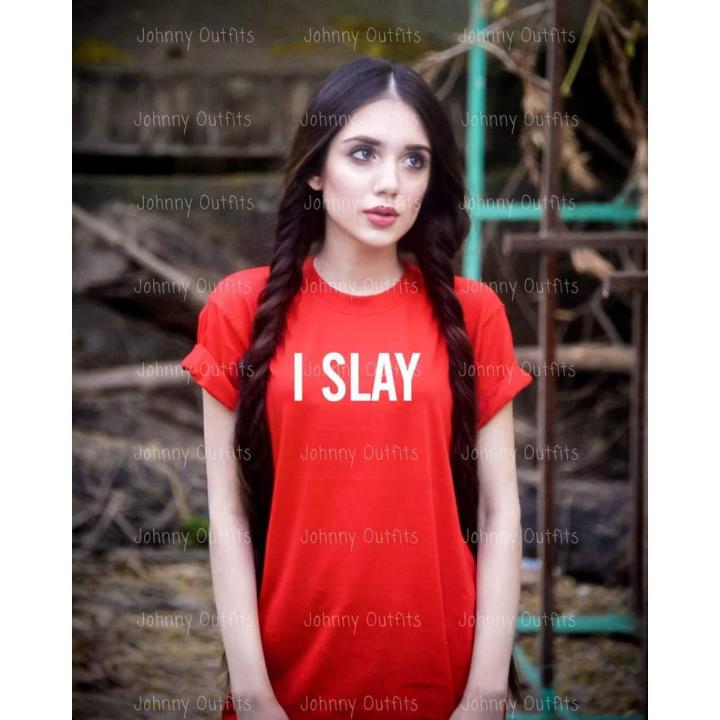T Shirt New And stylish design For Girls in Red I Slay Printed Summer Collection Shirt Half Sleeves Round Neck