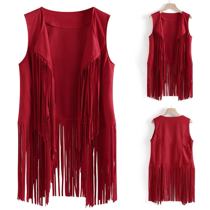 Women's Fringed Vest Jacket Fashion Fall Winter Suede Ethnic Sleeveless Fringed Vest Cardigan Vintage Faux Tassel Vest Coat House Foocus
