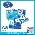Pack of 5 Paper Rim, A5 Paper Rim 80gm, Double A Paper Ream, Original Paper Ream A5 80gm, AA Paper Rim. 