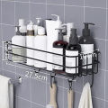 "Multipurpose Wall-Mounted Storage Rack - 1 Layer Metal Shelf with Hooks, Black Metal Shelf, Shower & Bathroom Storage Organizer, Kitchen Wall Rack, Durable Punch Frame, Space-Saving Design". 