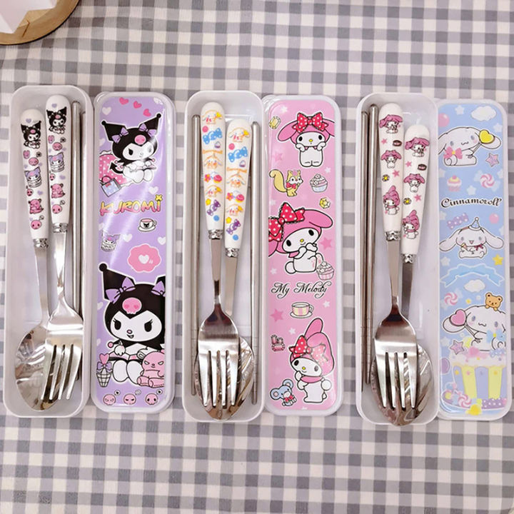 2/3PCs kawaii Sanrio My Melody Cinnamoroll Kuromi cutlery set cartoon chopsticks spoon Fork set portable tableware storage box