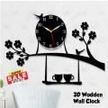 Bird on Tree with Coffee Cup Wooden Wall Clock for Home and Offices, 3D Design Self Adhesive - GIFT City - WAP - 30-Top. 