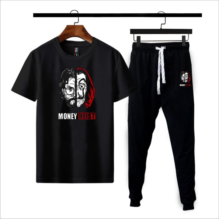 MONEY HEIST Printed Men's Clothing Summer Breathable T-Shirt and Black Trouser Gym wear and comfortable