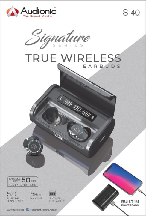 Audionic Signature S-40 Earbuds / Wireless / Bluetooth / Fully Compatible / HD Sound - Black