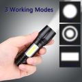 Mini Rechargeable LED Torch Light – Portable Zoomable Emergency Pocket Flashlight - Super Bright COB Flash light for Camping Household Workshop – 3 Lighting Modes - Micro USB Charging wire. 