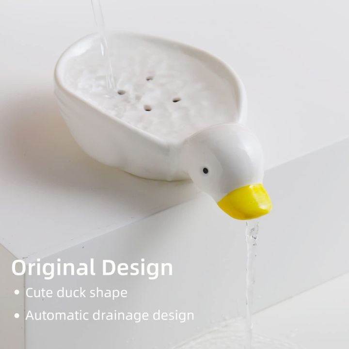 Soap Dish Self Draining Soap Holder Cute Duck Shape Soap Rack for Shower Bathroom Tub Kitchen Sink CeramicTray Holder (Duck)
