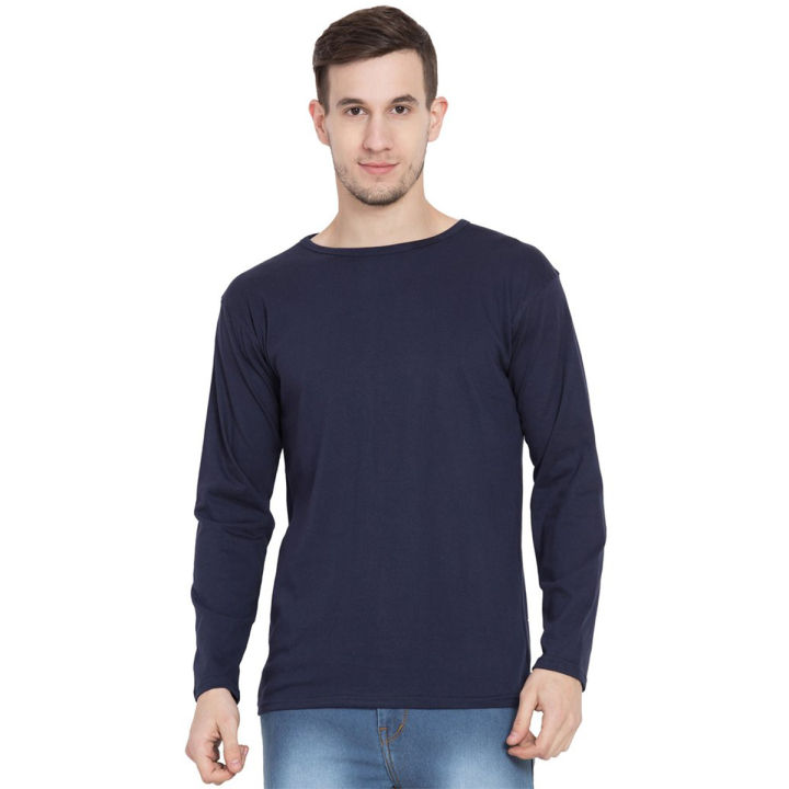 Basic Navy Blue Round Neck Full Sleeves T-Shirt For Men - Comfortable And Stylish Basic T-Shirt For Everyday Wear