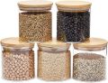 6pcs set Glass Jar with Wooden Lid Glass Jars Set,Upgrade Spice Jars with Wood Airtight Lids and Labels, 6 Piece Small Food Storage Containers for Home Kitchen, Tea, Herbs, Sugar, Salt, Coffee, Flour, Herbs, Grains… - 450 ml. 