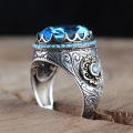 Retro Handmade Turkish Signet Ring For Men Women Ancient Silver Color Carved Ring Inlaid Blue Zircon Party Punk Motor Biker Ring. 