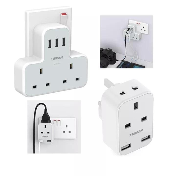 TESSAN 2 Way Multi Plug Adapter Double Socket USB Charger Multi Ports, Power Adapter Shaver Plug Wall Charger Power Plug Extension with 2 AC Outlets and 3 USB Ports 3250W,13A Multiplug Power Adapter 3 Pin Power Strip for Home, Office,Travel, Kitchen, PC,