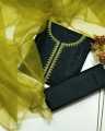 3-Piece Unstitched Katan Silk Dress Set with Intricate Handmade Embroidery and Luxurious Organza Dupatta. 