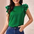 Female Summer Tops Shirt Ruffle Sleeves Solid Green Red Elegant Blouse Women Lady Streetwear Y2k Top Crewneck Shirts. 