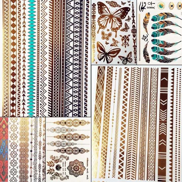 【Good-Love Store】Summer Style Girl Women Henna Gold Metallic Stickers Girls Fake Tattoo Golden Color Bracelets Leg Tatoos