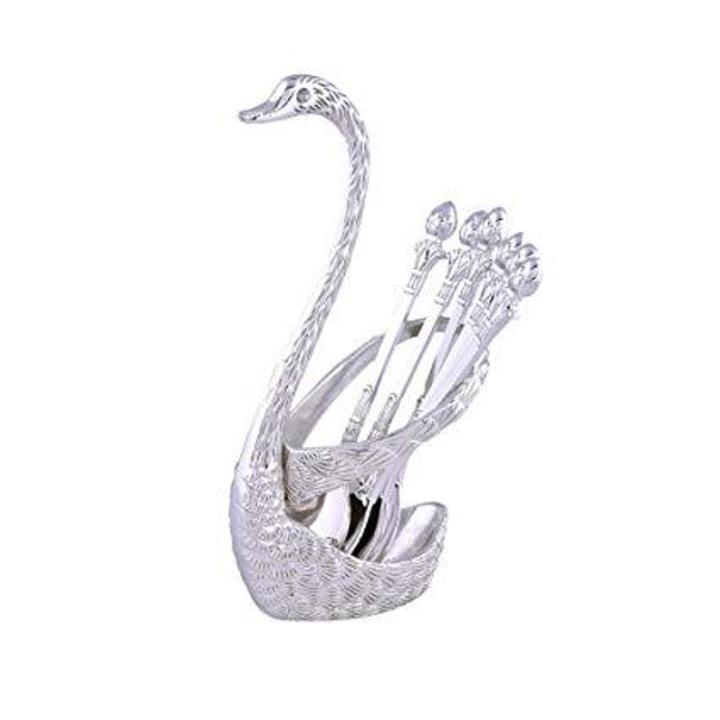 6pcs/Set Cute Little Creative Swan Fruit Coffee Spoon Rack Tableware Set Dessert Spoon Duck Shaped Stand