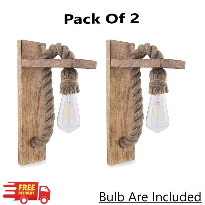 Pair of Rustic Rope Solid Grains Wood Wall Lamp