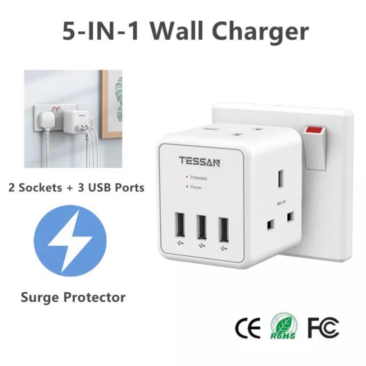 TESSAN USB Charger Double Plug Adapter 3 pin Plug Wall Socket , 2 Way Charger Surge Protector 13A Cube Multi Plug Extension USB Socket,USB C Charger Power Socket Extension USB Adapter Plug with 3 USB and 2 AC Outlets for Home, Office, Travel,Kitchen