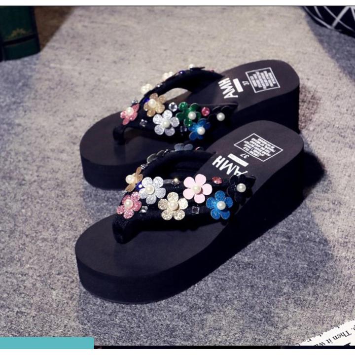 Girls Multi Color Shimmer Flower Beads Slippers 5 cm medium sole