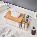 Transparent Tissue Box Wooden Cover Tissue Box Holder with Remote Control Storage for Kitchen Living Room Transparent Container Tissue Box with Round Opening. 