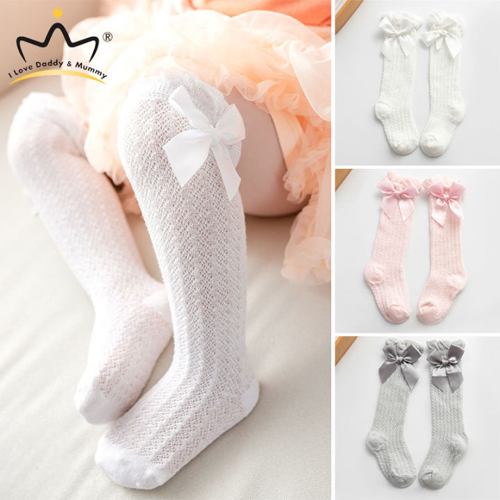 I LOVE DADDY&MUMMY-Summer Baby Girl Socks With Bow Cotton Mesh Breathable Kids Knee High Socks Children Toddler Cute Long White Pink Socks 0-3Y