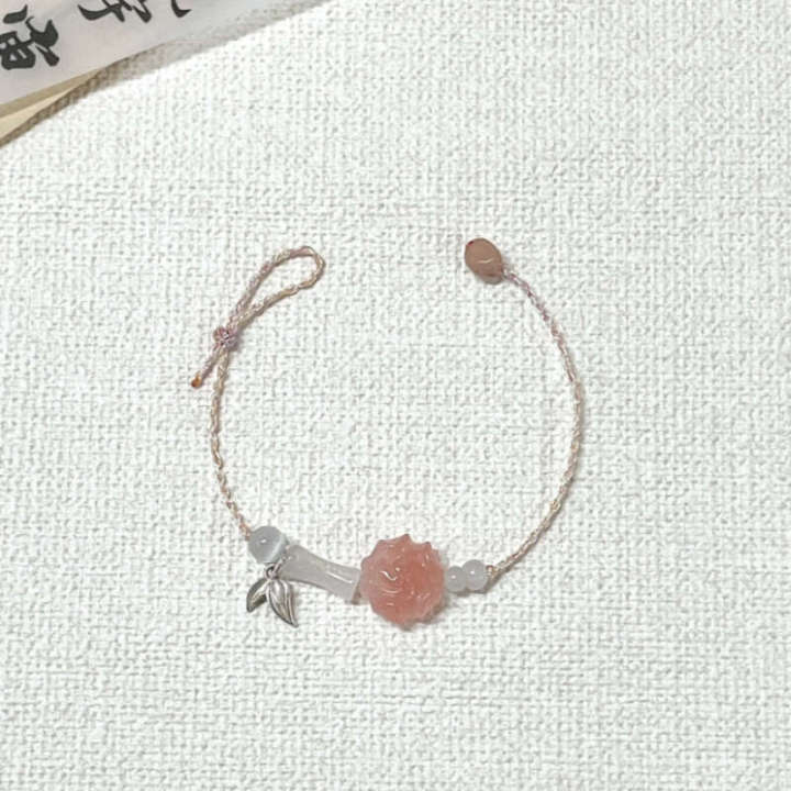 The same new Chinese style pink peony and bamboo leaf handmade woven thin rope bracelet for sweet girls