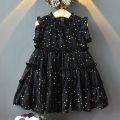 Kids baby girl dull gold stars black chiffon frock children dress for party/event. 