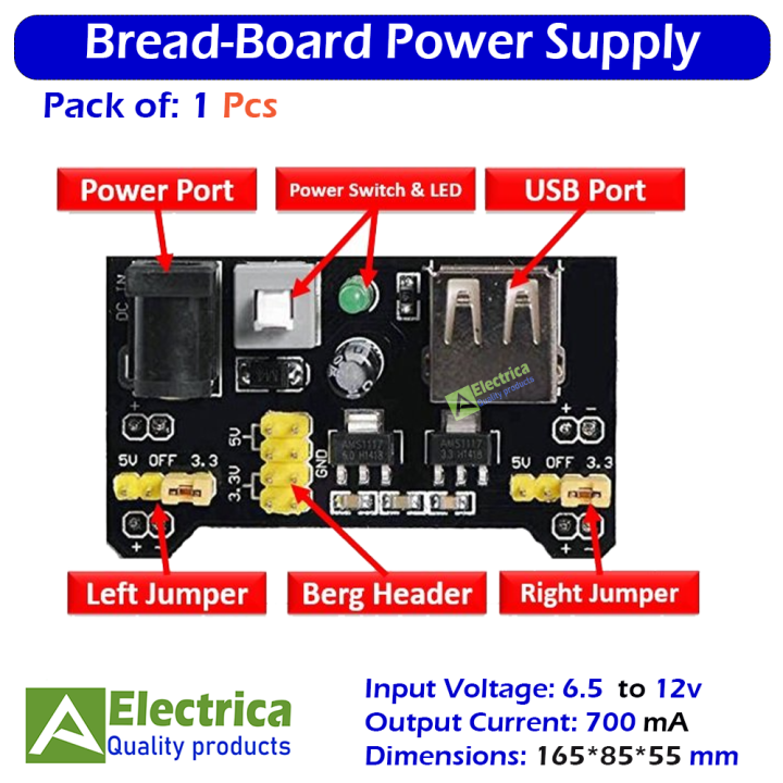 Solderless Breadboard Power Supply Module 3.3V/5V For Arduino and Bread Board Projects MB102 by Electrica