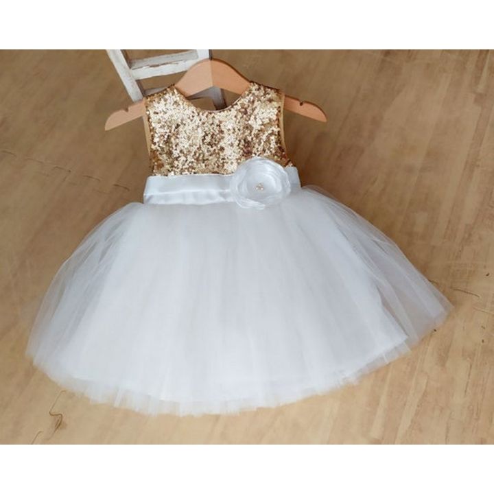 baby girl fancy frock white golden